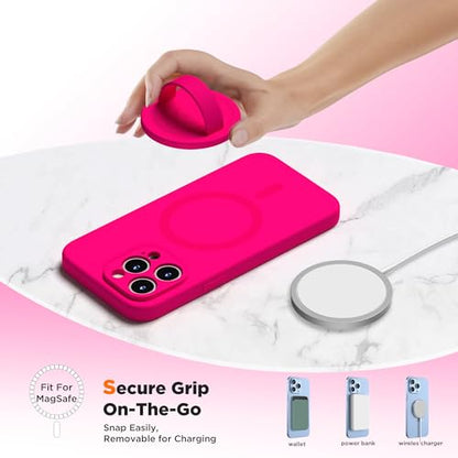 Upgraded Magnetic Phone Grip, Liquid Silicone Soft and Portable, Removable Finger Loop Ring Grip Holder for iPhone, Strong Magnetic Attraction, Compatible with MagSafe Phone Case, Neon Pink - color: Neon Pink