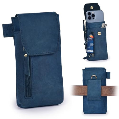 Leather Village Genuine Leather 7”x3.5” Phone Holster Pouch with Belt Clip, Magnetic Closure, ID Card Holder - Blue Universal Case for iPhone, Samsung Galaxy, Google Pixel - color: Blue