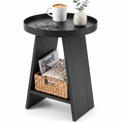 2-Tier Round End Table with 17.7 inch Tray Top, Black - color: Black