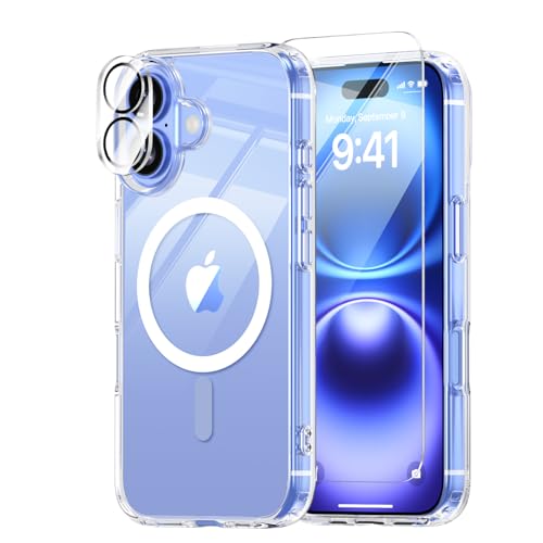 for iPhone 16 Case,Compatible with MagSafe,Magnetic Slim Cover,Anti-Yellowing & Shockproof,Full Camera Protection,Includes Screen & Lens Protectors,Clear Protective Case - color: Clear, size: iPhone 16