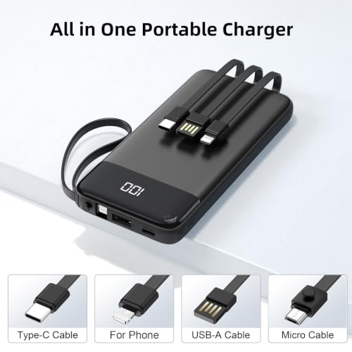 Portable Charger Built-in Cables,10000mAh Fast Charge Power Bank for iPhone - color: Black