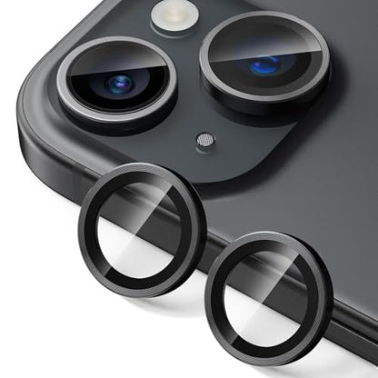 2 Pack Camera Lens Protector for iPhone 14/14 Plus/iPhone 15/iPhone 15 Plus,9H Tempered Glass Scratch Resistant Metal Ring Camera Cover Accessories,Black - color: Black