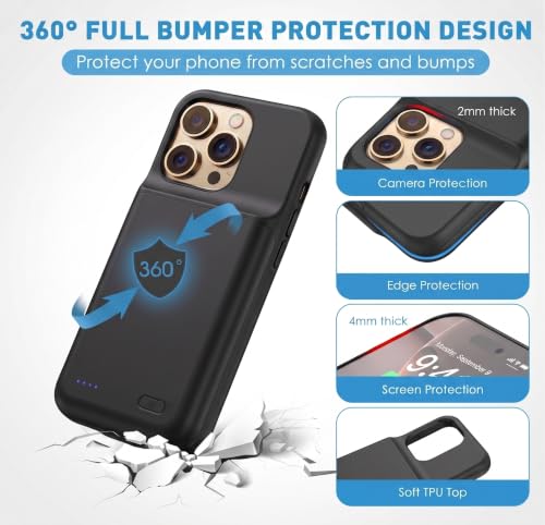 Battery Case for iPhone 16 Pro, Ultra-Slim Travel Portable Charging Case, 2026 Upgrade 7000 mAh Extended Battery Life, Premium Materials Rechargeable Charger Case Black
