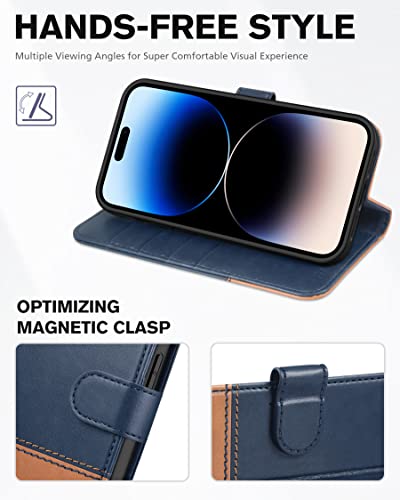 TUCCH Wallet Case for iPhone 14 Pro (6.1") 2022, 4 Card Slots, Blue & Brown | RFID Blocking, Viewing Stand, Shockproof TPU Shell, PU Leather, Magnetic Closure, Protective Folio Flip Cover - color: Two Colors - Dark Blue & Brown