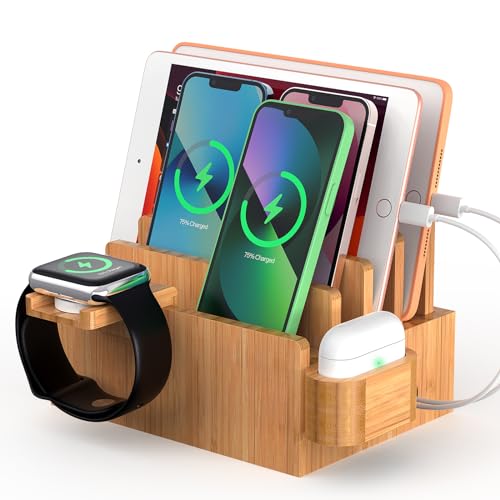 Pezin & Hulin Bamboo Charging Station for Phone, Watch&Earbud with 5 Cables - color: Dock Stand +Cables