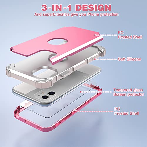IDweel for iPhone 11 Case with Screen Protector(Tempered Glass), Hybrid 3 in 1 Shockproof Slim Fit Heavy Duty Protection Hard PC Cover Soft Silicone Bumper Full Body Case,Pink/Light Grey - color: Pink/Light Grey