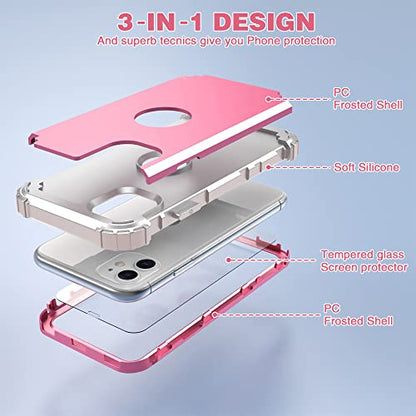 IDweel for iPhone 11 Case with Screen Protector(Tempered Glass), Hybrid 3 in 1 Shockproof Slim Fit Heavy Duty Protection Hard PC Cover Soft Silicone Bumper Full Body Case,Pink/Light Grey - color: Pink/Light Grey