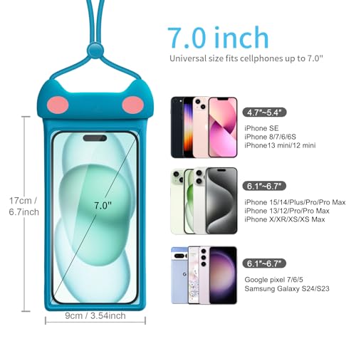 wellhouse 3D Waterproof Phone Pouch with Lanyard,Premium TPU100FT Deep Waterproof Phone Case for iPhone 17 16 15 14 13 12 Pro Max XS Samsung,Snorkeling, Surfing, Kayaking,Skiing,Hot Springs - color: 1 Pack - Kitten Blue7.0"