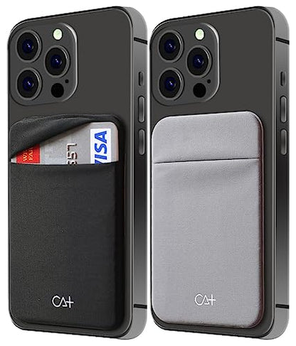 2 Pack Cell Phone Wallet Credit Card Holder for Back of Case Stick On Sticky Cellphone Wallet Sleeves Adhesive Pouch Lid Secure Pocket for iPhone, for Galaxy and Androids - Black + Grey - color: Black+Grey