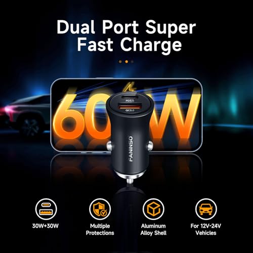 USB C Car Charger, 60W Dual Port (USB‑C + USB‑A) PD/QC Fast Charging 12V/24V Cigarette Lighter Adapter, Compatible with iPhone 17/16/15, Galaxy S26/S25/S24, Pixel, iPad - size: 1‑Pack
