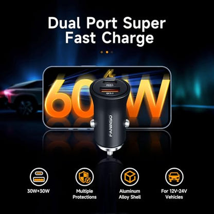 20‑Pack USB C Car Charger, 60W Dual Port (USB‑C + USB‑A) PD/QC Fast Charging 12V/24V Cigarette Lighter Adapter, Compatible with iPhone 17/16/15, Galaxy S26/S25/S24, Pixel, iPad - size: 20‑Pack