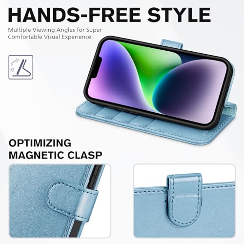 TUCCH Wallet Case for iPhone 14 (6.1") 2022, 4 Card Slots, Shiny Light Blue | RFID Blocking, Viewing Stand, Shockproof TPU Shell, PU Leather, Magnetic Closure, Protective Folio Flip Cover - color: Shiny Blue