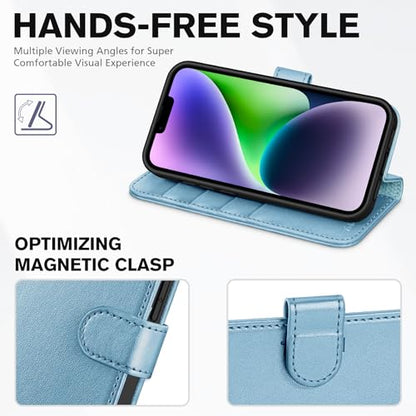 TUCCH Wallet Case for iPhone 14 (6.1") 2022, 4 Card Slots, Shiny Light Blue | RFID Blocking, Viewing Stand, Shockproof TPU Shell, PU Leather, Magnetic Closure, Protective Folio Flip Cover - color: Shiny Blue