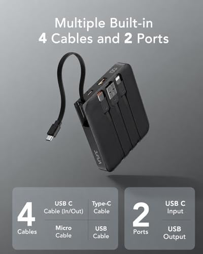 VRURC Portable Charger Built-in 4 Cables, 10000mAh Fast Charging Power Bank - color: Black