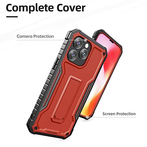 ExoGuard for iPhone 14 Pro Max Case 6.7 Inch, Rubber Shockproof Full-Body Cover Case Come with a Tempered Glass Screen Protector and Kickstand (Red) - color: Red