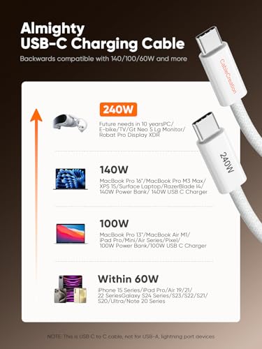 CableCreation USB C to C Super Fast Charging Cable 240W Woven 3.3FT 140W - color: White, size: 3.3FT, style: 240W