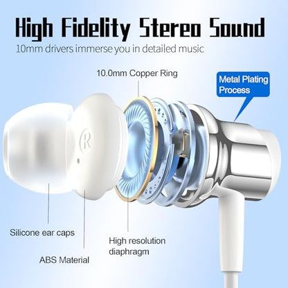 USB C Headphones Wired Earbuds for Samsung Galaxy S26 S25 S24 A57 iPhone 17 - color: White