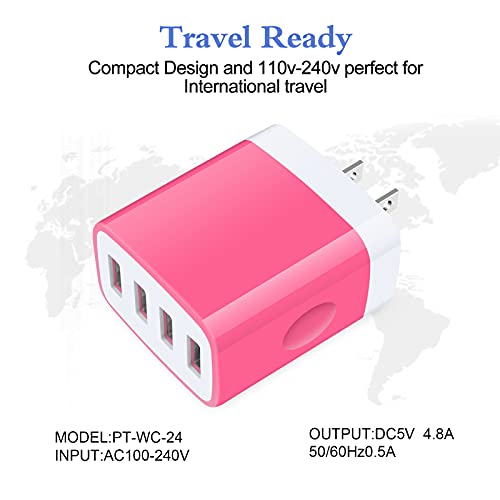 Charging Block, USB Plug, HOOTEK 4.8A 4-Muti Port USB Wall Charger Brick - color: rose-red