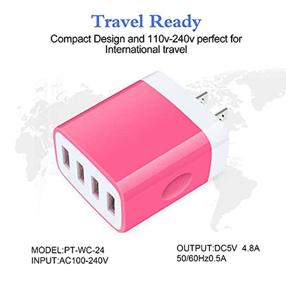 Charging Block, USB Plug, HOOTEK 4.8A 4-Muti Port USB Wall Charger Brick - color: rose-red