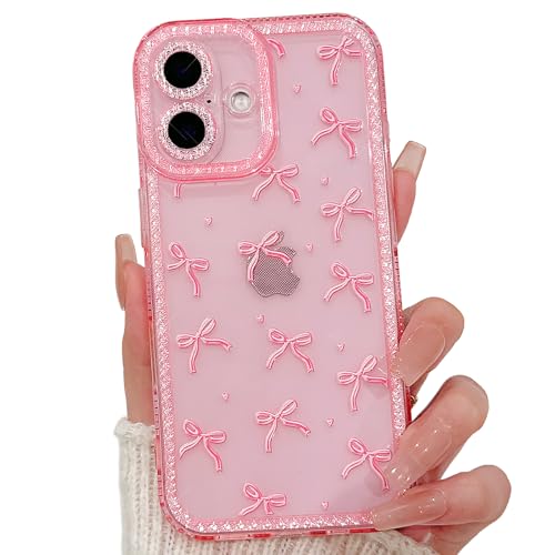 NITITOP Compatible with iPhone 16 Plus Case Cute Clear Pink Glitter Bow Knot Design Shiny Star Sparkle Bling Diamond Girls Women Soft TPU Shockproof Protective Phone Cover - Large Bow Heart - color: Large Bow Heart, size: iPhone 16 Plus