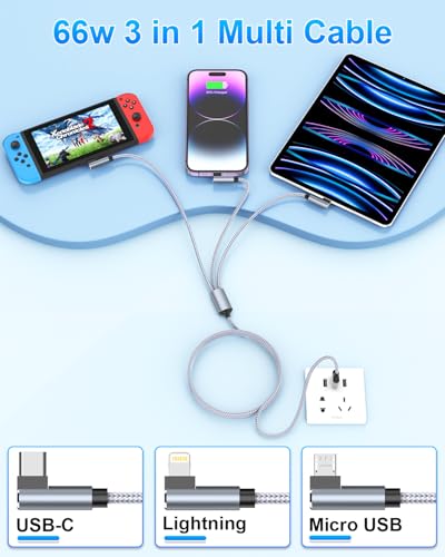 Multi USB Cable, 3 in 1 Multi Charging 90 Degree Universal Charging Cable with Phone/Micro/USB Type C Nylon Multi Charging Cable for Phone 16/15/14, Samssung, Huawei, Xiaomi, Laptop Tablet 1.8m