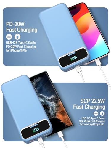 Nusyddy Portable Charger 20000mAh Fast Charging w/Built-in Wall Plug Blue - color: Azure