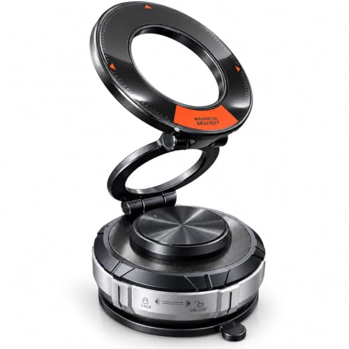 Vacuum Magnetic Car Phone Mount, Zinc Alloy Folding Suction Cup Holder with Sticky Gel Base for Dashboard & Windshield, Compatible with MagSafe iPhone, Samsung and Android Phones
