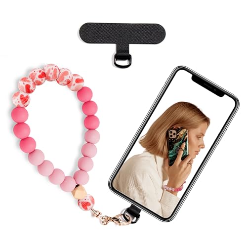 Silicone Beaded Phone Wrist Strap for Women, Elastic Wristlet - color: Pink Heart