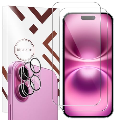 BIGFACE for iPhone 16 Plus Screen Protector + Camera Lens Protectors, [2 + 2 Pack] Premium HD Tempered Glass, Anti-Bubble 3D Curved Accuracy Film For iPhone 16 Plus(6.7 Inch) - size: iPhone 16 Plus(6.7")
