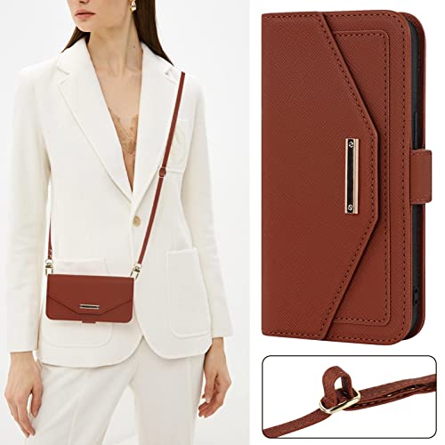 Crossbody Wallet for Google Pixel 7 Case with Strap,6.3",Brown | Long Shoulder Strap,Credit Card Holder, PU Leather, Handbag Purse, Kickstand, Make Up Mirror, Cover Case, for Women Girls - color: Brown
