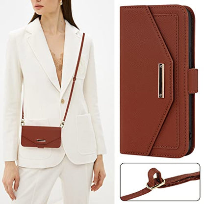 Crossbody Wallet for Google Pixel 7 Case with Strap,6.3",Brown | Long Shoulder Strap,Credit Card Holder, PU Leather, Handbag Purse, Kickstand, Make Up Mirror, Cover Case, for Women Girls - color: Brown