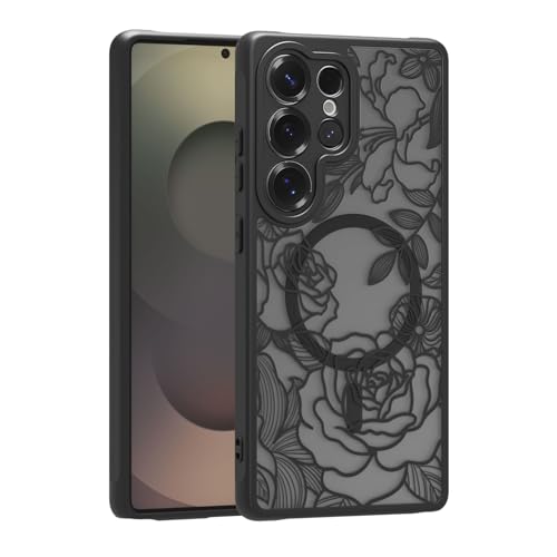 for Samsung Galaxy S25 Ultra Case Magnetic,Aesthetic Cute Floral Black Rose Pattern Slim Protective Phone Case for Women Girl,TPU Bumper Shockproof Cover for S25 Ultra Compatible with MagSafe - color: Manetic Black Rose, size: S25 Ultra