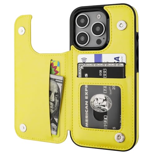 ONETOP for iPhone 16 Pro Wallet Case with Credit Card Holder,Yellow | Kickstand,ID/Cash Holder,Case Wallet with Card Slots,Double Magnetic Clasp,Durable PU Leather Shockproof Cover for Women Men - color: Yellow