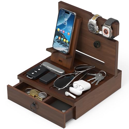 Wood Phone Docking Station, Nightstand Organizer with Drawer - color: Elegant Walnut, size: Without charging station