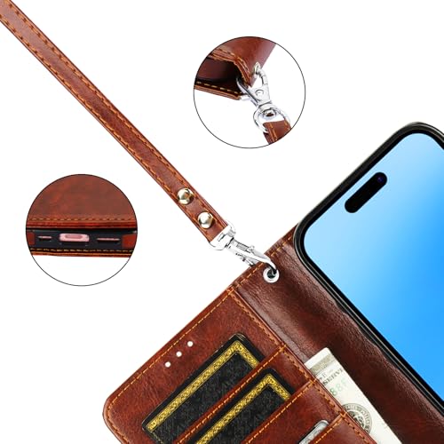 Bocasal Detachable Wallet Case Card Holder for iPhone 16, Brown | RFID Blocking Kickstand Card Slots Holder PU Leather Magnetic Shockproof Wrist Strap Removable Flip Protective Cover 6.1 inch - color: Brown
