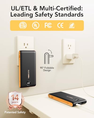 VEEKTOMX Portable Charger with Built-in Cables and AC Wall Plug, 10000mAh - color: Black+Yellow