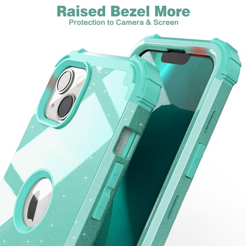 IDweel for iPhone 15 Case with Screen Protector,Luxury 3 in 1 Shockproof Slim Fit Hybrid Heavy Duty Protection Glitter Hard PC Cover Soft Silicone Bumper Full Body Case,Glitter Cyan - color: Glitter Cyan