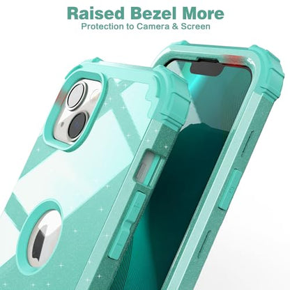IDweel for iPhone 15 Case with Screen Protector,Luxury 3 in 1 Shockproof Slim Fit Hybrid Heavy Duty Protection Glitter Hard PC Cover Soft Silicone Bumper Full Body Case,Glitter Cyan - color: Glitter Cyan