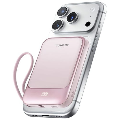 Magnetic Power Bank 10000mAh, Wireless Portable Charger with 15W Max Fast Charging & Built-in USB-C Cable, 22.5W PD LED Display Battery Pack Compatible with iPhone 17/16/15, Samsung Galaxy(pink) - color: Pink