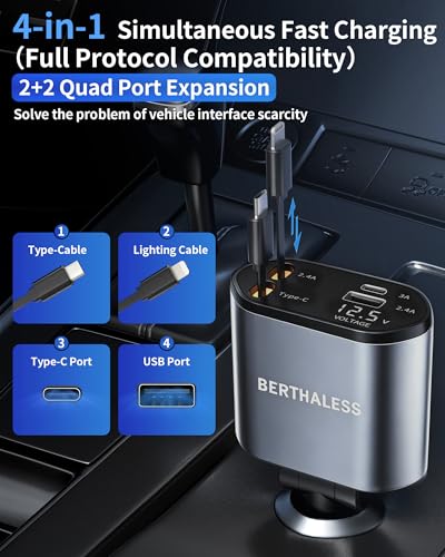 Retractable Car Charger,4 in 1 Fast Charging Car Charger with USB-C & USB-A - color: Grey