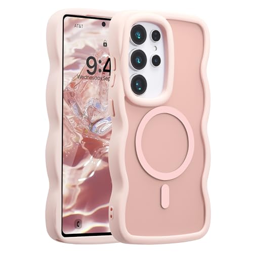 UEEBAI Magnetic for Samsung Galaxy S24 Ultra 5G Case, Cute Cover Compatible with MagSafe, Transparent Clear Wave Design Wavy Frame Matte Phone Case- Pink - color: Pink, size: Samsung Galaxy S24 Ultra 5G