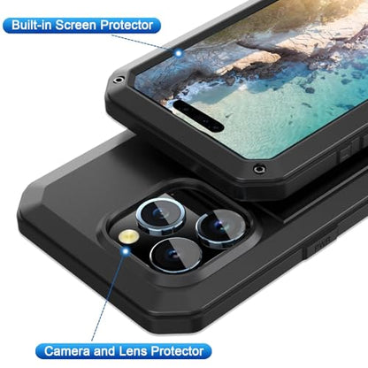 for iPhone 12 Pro Max Case,360 Full Body Protective Cover Heavy Duty Shockproof Tough Armour Aluminum Metal Case with Silicone Built-in Screen Protector for iPhone 12 Pro Max 6.7" - Black