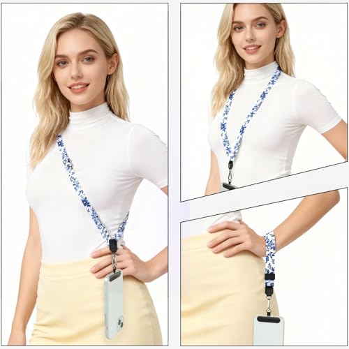 Phone Lanyard Crossbody & Neck, Adjustable Cell Phone Wrist Strap - color: Blue and White