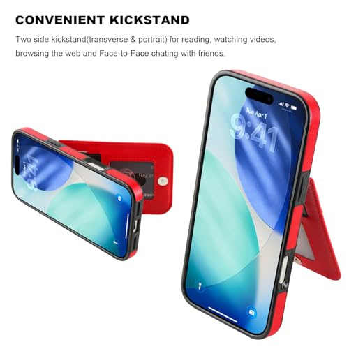 KIHUWEY for iPhone 17 Pro Max Wallet Case Card Holder Kickstand, Red | Credit Card Slots, PU Leather, Magnetic Clasp, Flip Heavy Duty Protection Cover for Men - color: Red