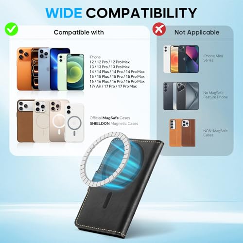 SHIELDON Genuine Leather for Magsafe Wallet, Retro Black | Strong Magnetic, Card Holder, Rfid Blocking, 6 Card Slots, ID Window, for iPhone 17/16/15/14/13/12 Series & Magnet Case - color: Black - Retro