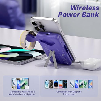 Magnetic Portable Charger Built-in Cables,10000mAh Fast Charging Wireless Charger Station External Battery Pack Slim Pocket Size Power Bank with Stand Compatible with iWatch, iPhone - color: Blue