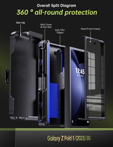 KJSK for Samsung Galaxy Z Fold 5 Case,with S Pen Holder+Belt Clip Holster+Built-in Kickstand+Hinge Protection,Heavy Duty Military Grade Drop Proof Case for Galaxy Z Fold 5(Blue) - color: Blue