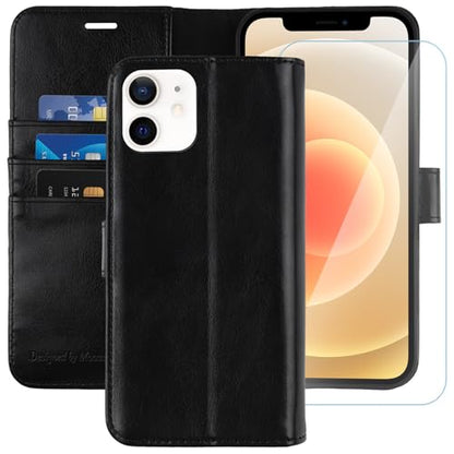MONASAY Wallet Case Compatible for iPhone 12 mini 5G 5.4-inch,[Glass Screen Protector Included] [RFID Blocking] Flip Folio Leather Cell Phone Cover with Credit Card Holder, Black - color: Black