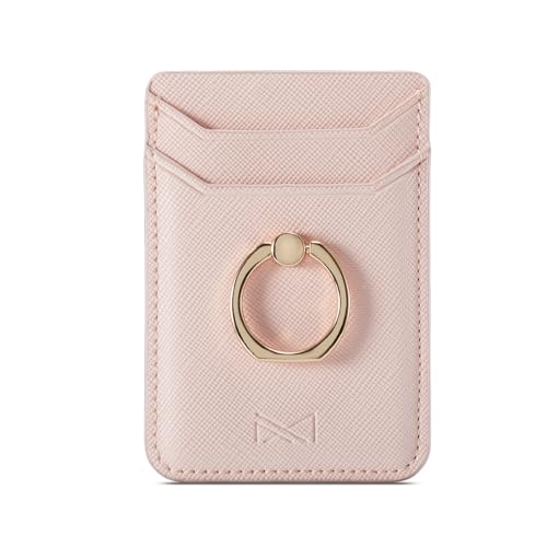 Card Holder Sleeve with Ring for Girl, RFID Credit Wallet PU Leather Stick On Back Grip for iPhone Samsung Smartphone - Pink - color: Pink