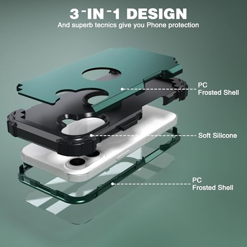IDweel for iPhone 17 Case with Screen Protector for Women, 3 in 1 Shockproof Slim Fit Hybrid Heavy Duty Hard PC Cover Soft Silicone Bumper Full Body Anti-Fingerprint Case, Graphite Green/Black - color: Graphite Green/Black